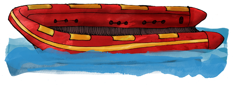 An illustration of a red inflatable raft with yellow accents floating on water.