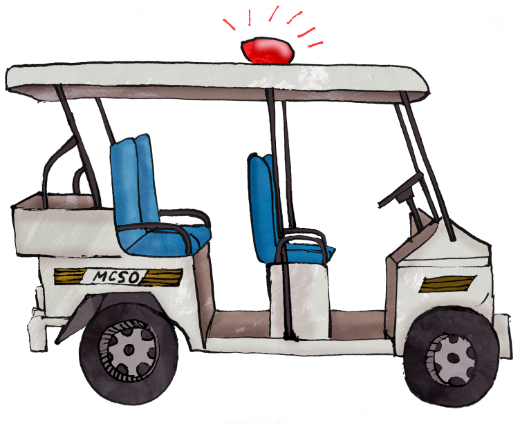 An illustration of a white golf cart with blue seats, a red flashing siren on the roof and “MCSO” markings on the side.