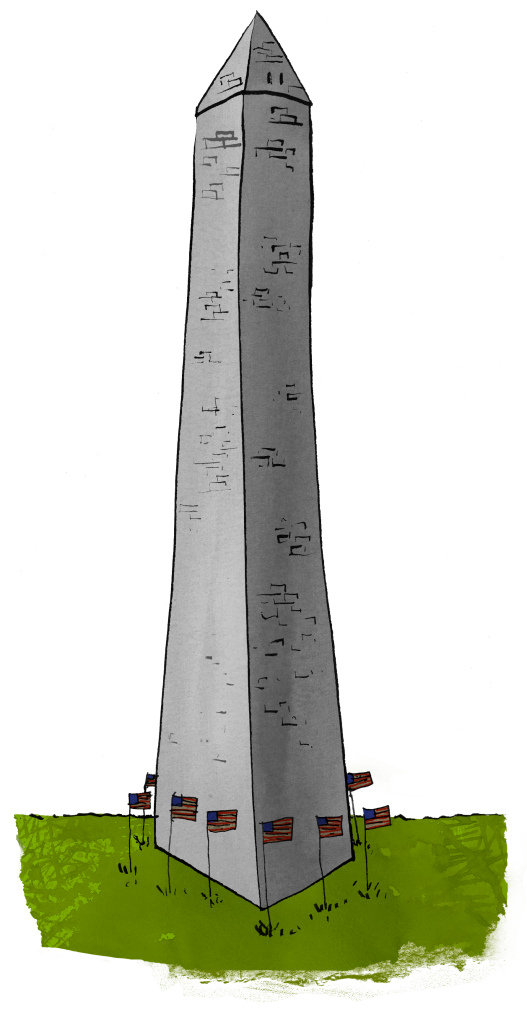 An illustration of the Washington Monument obelisk standing on a patch of green grass, surrounded by small American flags at its base against a plain white background.