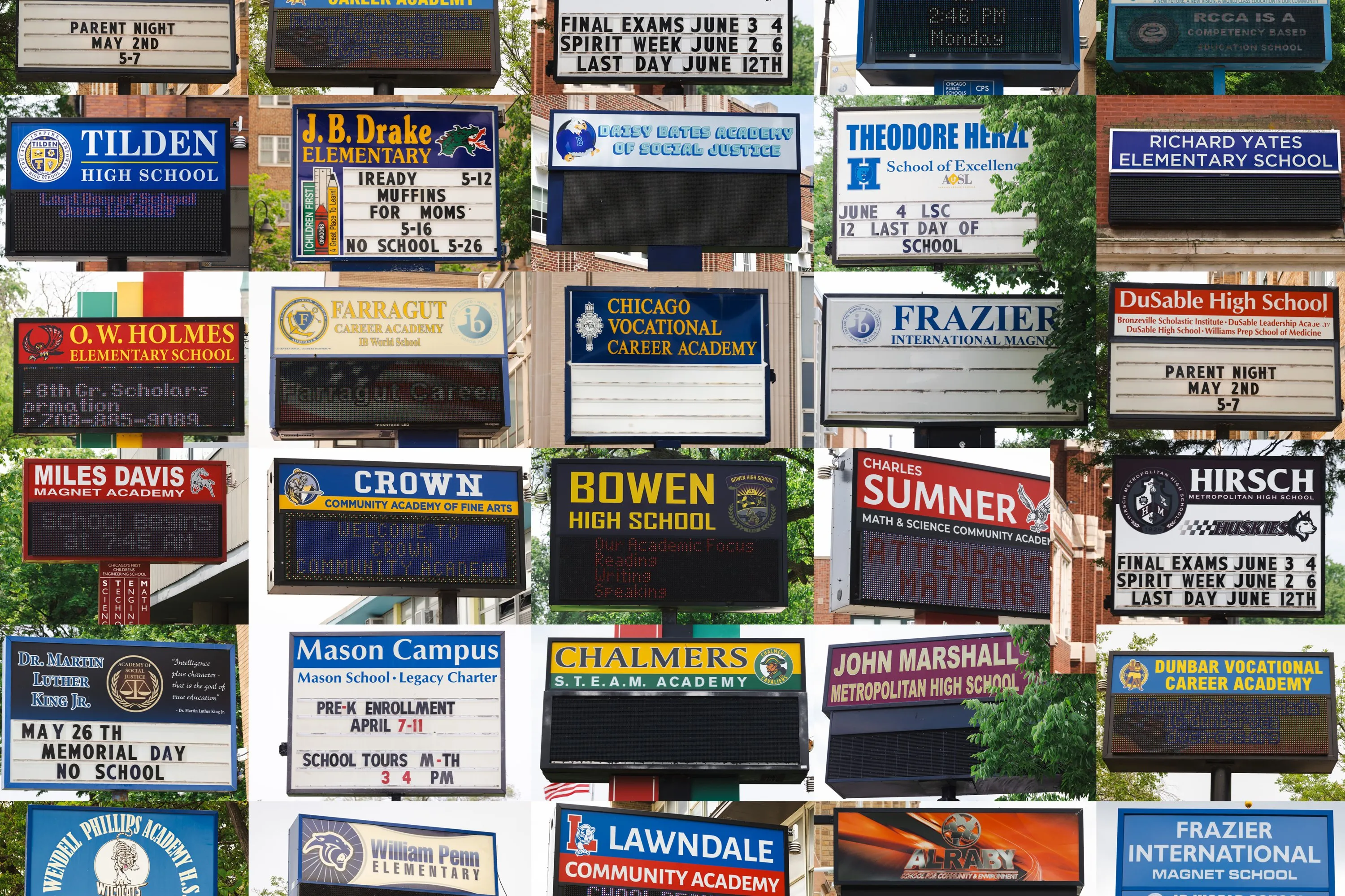 A collage showing a variety of school marquees, including a number of mundane announcements, several where the message area is blank and one that says “Attendance matters” in all caps.