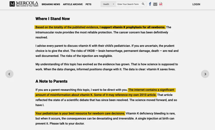 A statement on Mercola’s website reversing his previous stance on vitamin K injections. The highlighted text states that based on the published evidence, the author now supports vitamin K prophylaxis for all newborns and notes that the internet contains misinformation about the topic, including references to the author's own 2010 article.