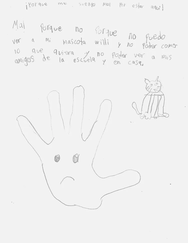 A handwritten letter with two drawings: an outline of a hand with a frowning face and a cat.