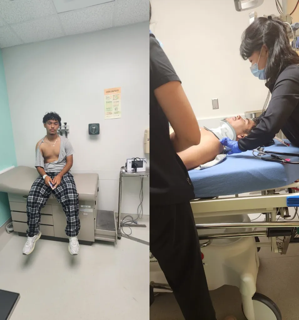 First image: A young man with a torn gray T-shirt sits on a medical examination bed in a doctor’s office. Second image: Two medical staffers wearing black scrubs assist a young man wearing a neck brace on a hospital gurney with a blue sheet.