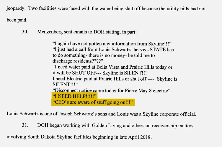 A court document showing emails from a person named Menzenberg, with the highlighted portion stating “I NEED HELP!!!!!” “CEO’s are aware of stuff going on!!!”