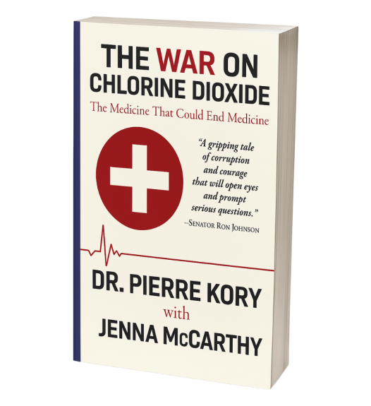 A white paperback featuring a white cross in a red circle and a heart monitor line with a pulse at the beginning that quickly goes flat. The book is credited to “Dr. Pierre Kory with Jenna McCarthy” and displays Sen. Ron Johnson’s blurb near the center of the cover in large type.