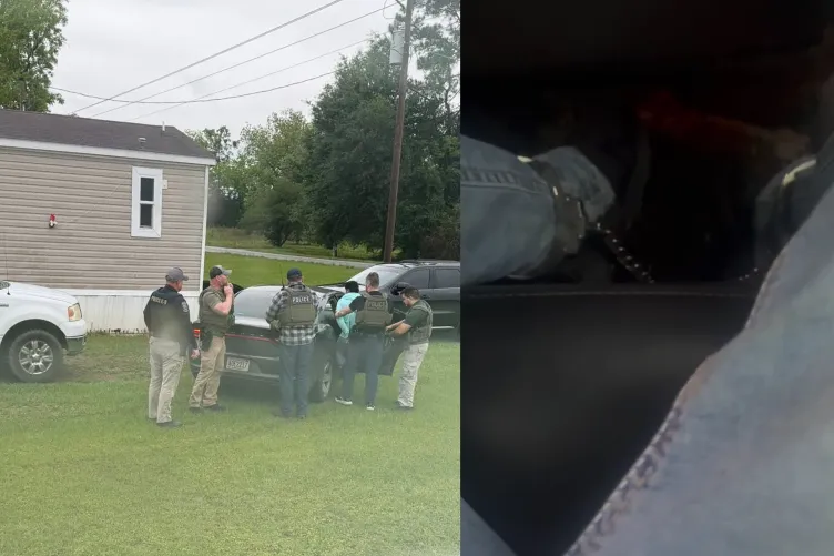 A split image shows a group of law enforcement officers in tactical vests standing around a person near a gray car in a grassy yard, left, and a dark, close-up view of a person’s ankles in metal cuffs inside a vehicle, right.